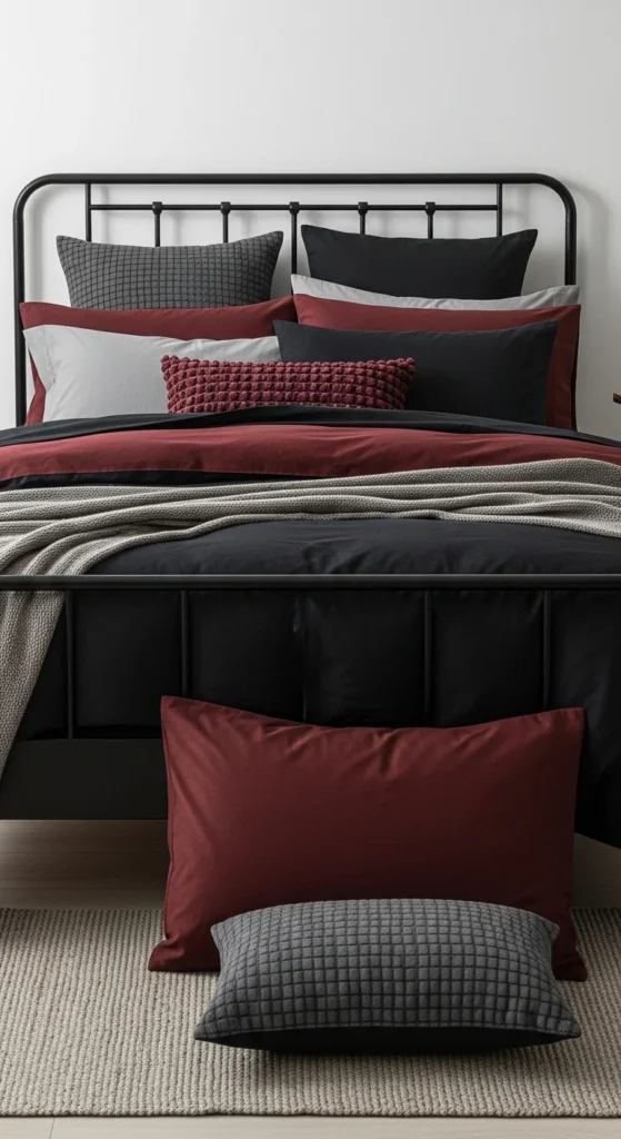 Layered dark bedding with moody tones and textures