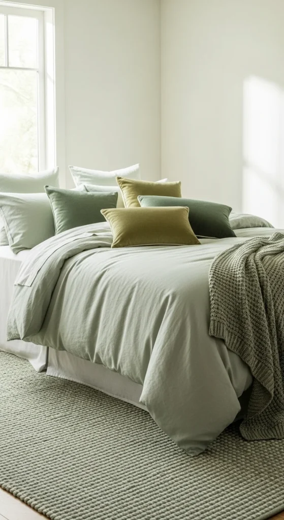 Layered green textures in bedding and decor in a cozy room