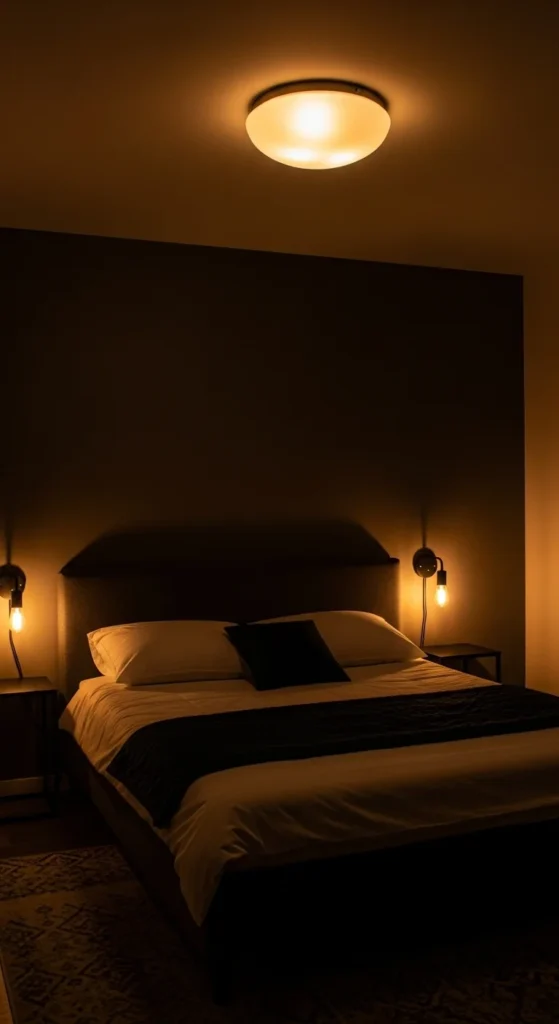 7 Dark Bedroom Ideas for a Cozy & Serene Retreat Layered lighting setup in a dark bedroom with warm tones