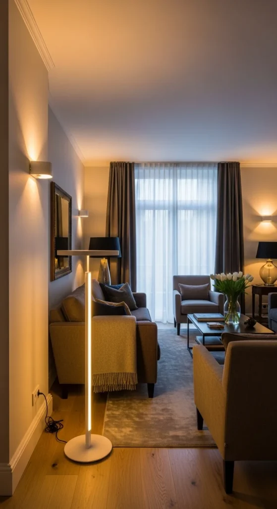 6 Essential Transitional Living Room Design Elements Layered lighting with ceiling fixture, floor lamp, and wall sconces