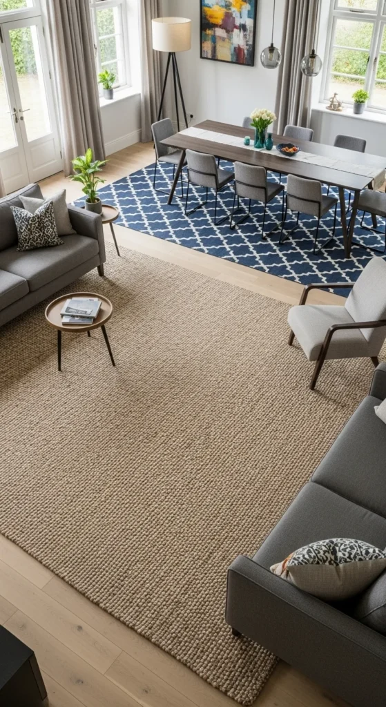 7 Stylish Living Room Divider Ideas You’ll Love Layered rugs define separate zones in an open living space