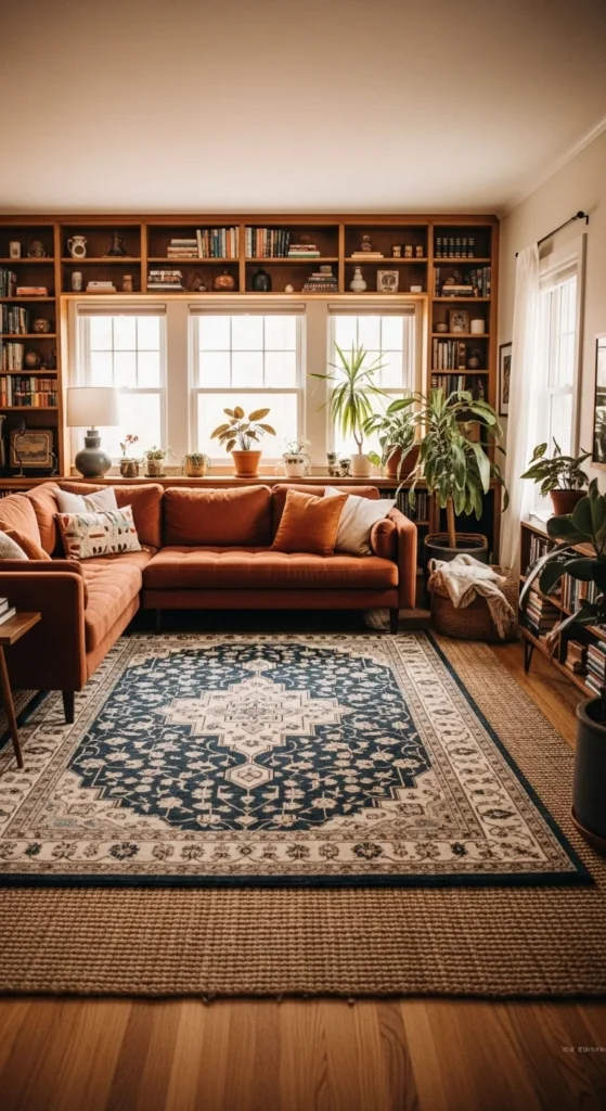 7 Cozy Sectional Living Room Ideas Layered rugs under a rust-colored sectional sofa