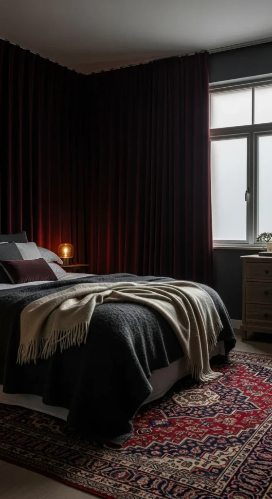 6 Dark Academia Bedroom Decorating Ideas to Inspire You Layered velvet and wool textiles in a cozy Dark Academia room