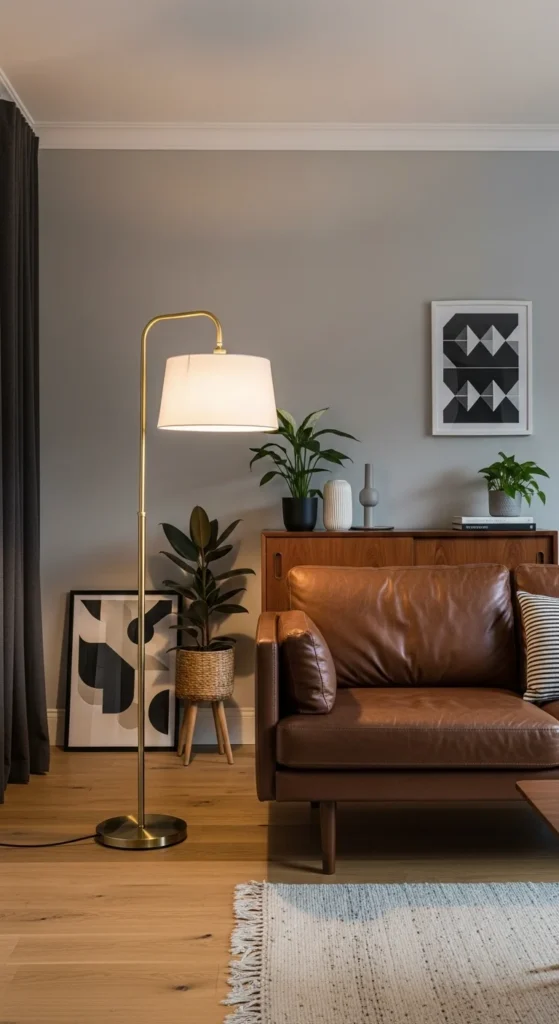 5 Stylish Leather Couch Living Room Ideas to Copy Now Leather couch with gold floor lamp and soft lighting