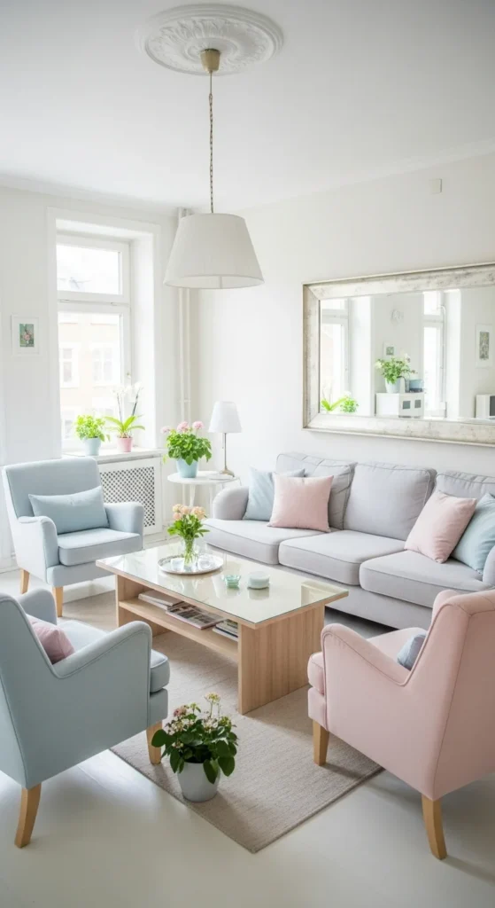 8 Small Apartment Living Room Ideas Light-colored living room with soft tones and mirror to enhance space