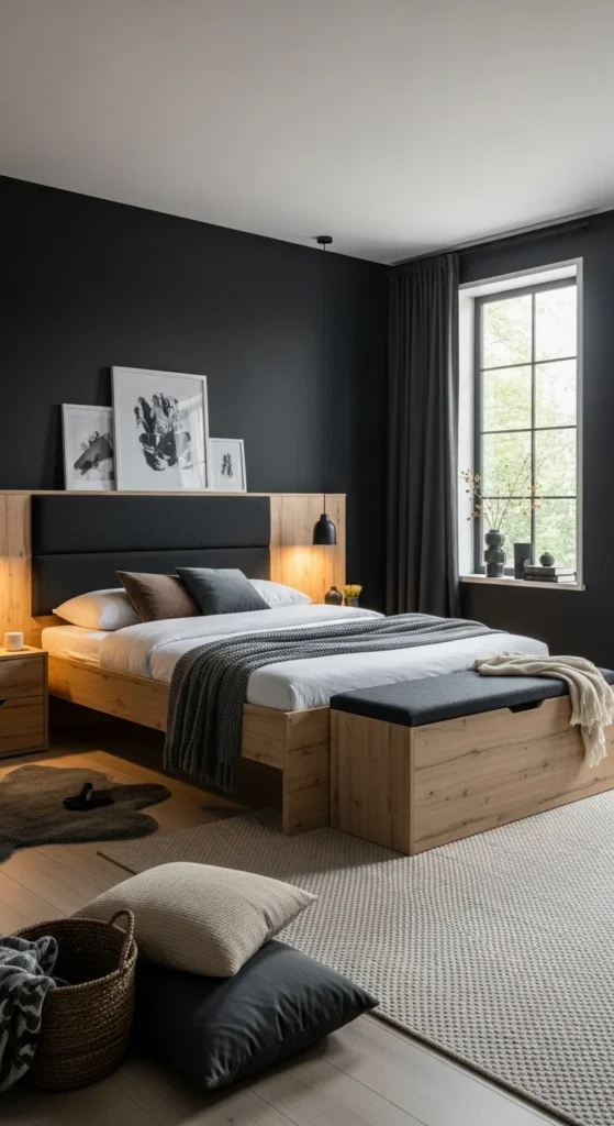 7 Black Bedroom Ideas For a Stunning Space Light wood furniture in black bedroom with bold headboard