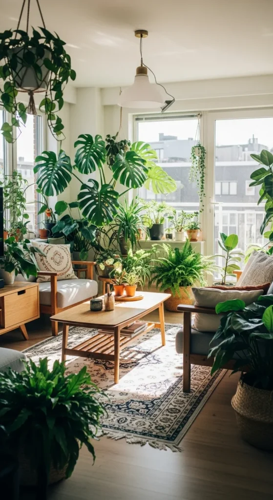 Living room filled with houseplants and natural light