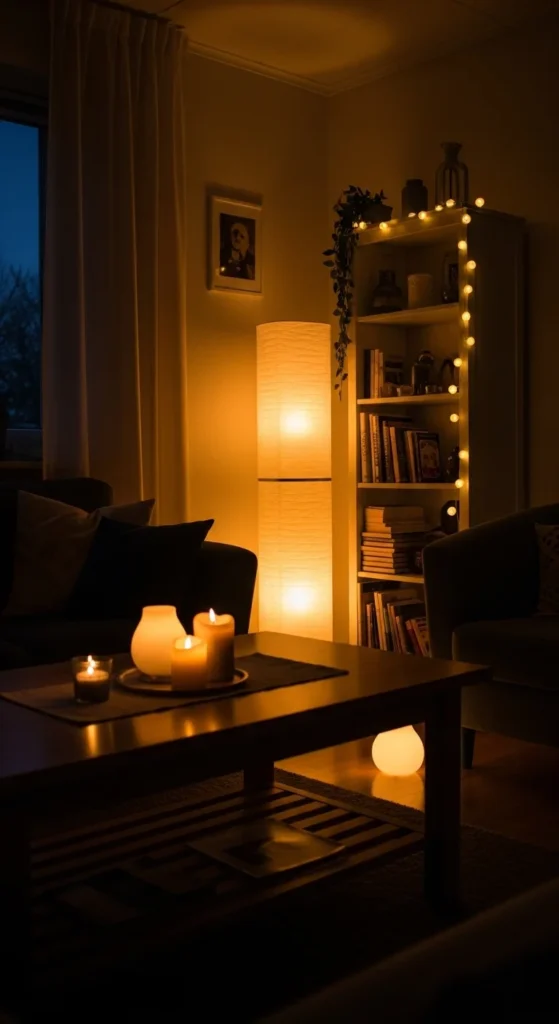 6 Cosy Living Room Ideas for a Warm & Inviting Space Living room glowing with warm lamps, candles, and soft string lights