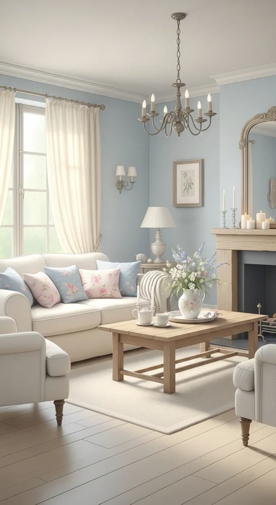 6 French Country Living Room Ideas for a Comfy and Sophisticated Feel Living room in soft French country colors with floral accents