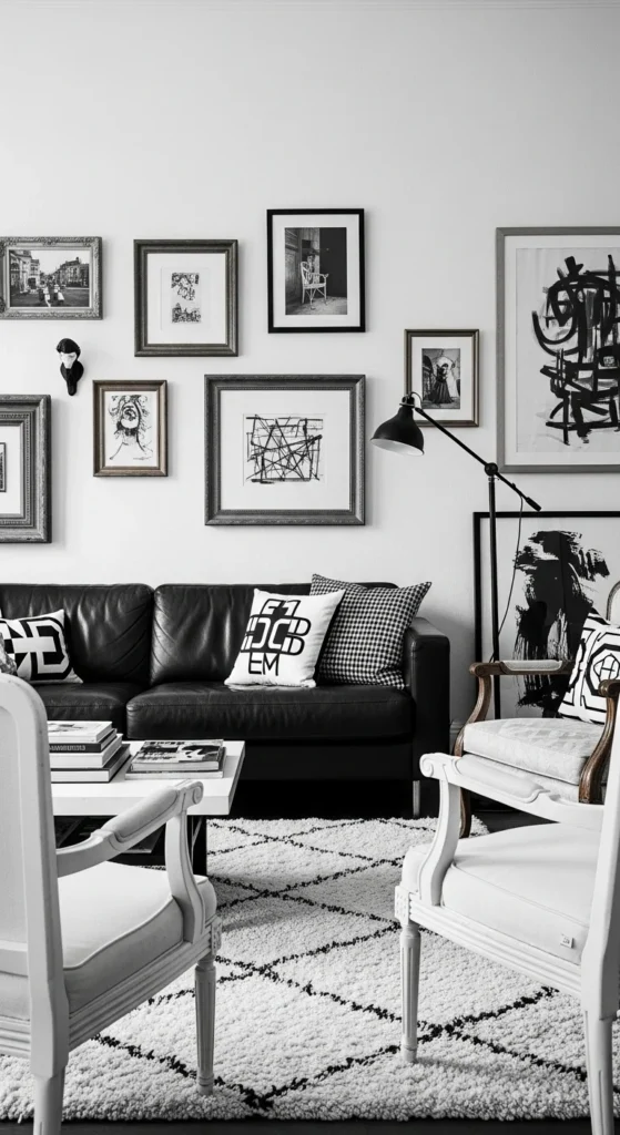 6 Black And White Living Room Ideas You Can’t Go Wrong With Living room mixing modern furniture with vintage black and white decor