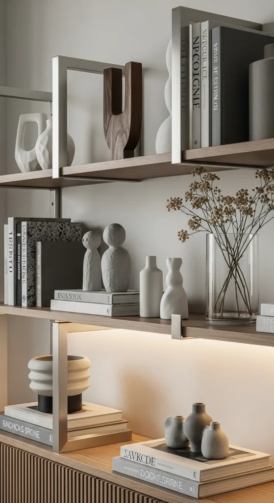 10 Creative Living Room Shelf Decorating Ideas You’ll Love Living room shelf combining wood, glass, and metal for texture