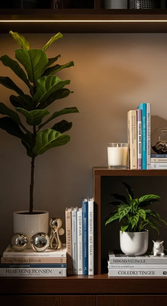 10 Creative Living Room Shelf Decorating Ideas You’ll Love Living room shelf combining wood, glass, and metal for texture