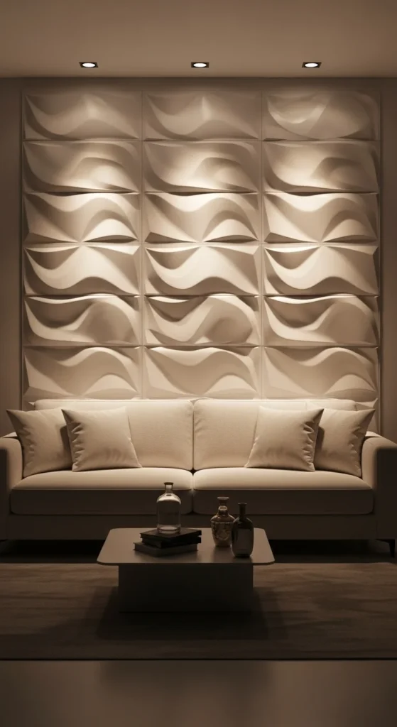 Living room with 3D textured accent wall panels