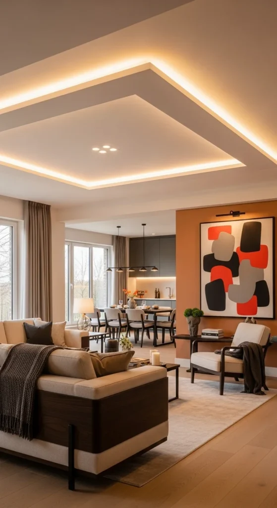 7 Popular Living Room False Ceiling Designs Living room with LED-lit recessed false ceiling