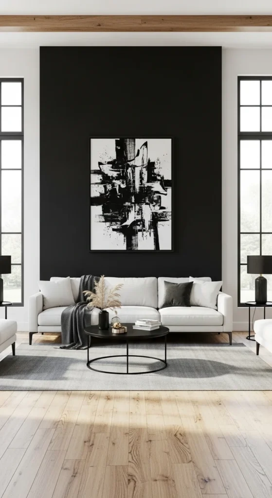 6 Black And White Living Room Ideas You Can’t Go Wrong With Living room with a bold black accent wall and white furniture