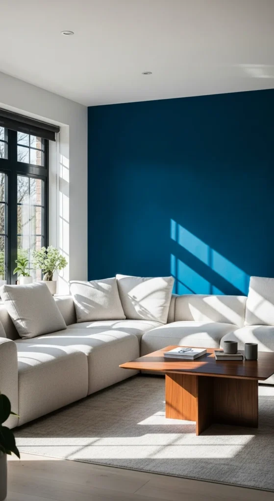 Living room with a bold blue painted accent wall