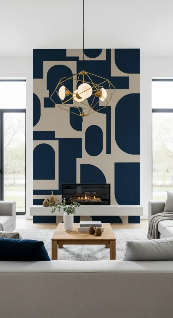 7 Beautiful Living Room Paint Ideas Living room with a bold geometric accent wall as the design focal point