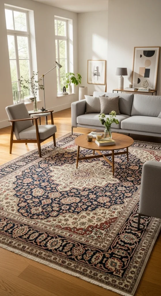 7 Stunning Living Room Rug Designs That Will Transform Your Space Living room with a classic Persian rug and minimalist furniture