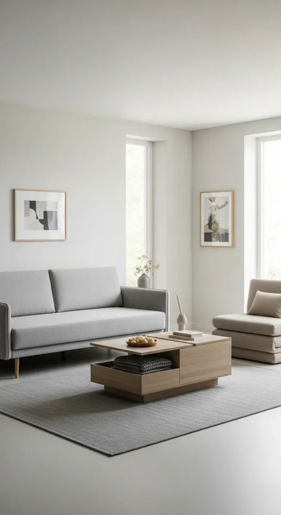 8 Small Apartment Living Room Ideas Living room with a sofa bed and storage coffee table in a small space