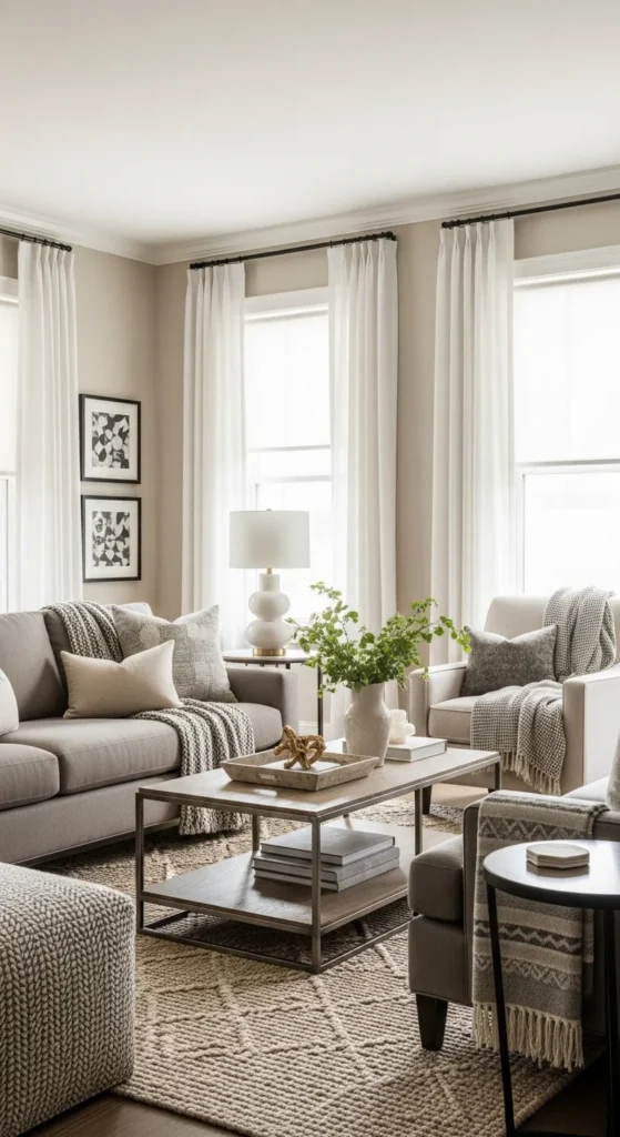 6 Essential Transitional Living Room Design Elements Living room with a soft neutral color palette and layered textures
