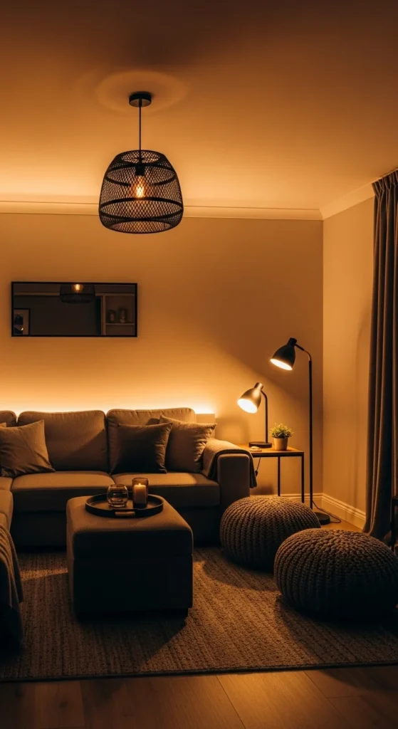 8 Aesthetic Living Room Ideas to Elevate Your Style Living room with ambient, layered lighting setup