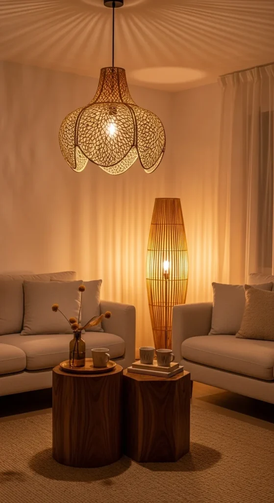 8 Inspiring Earthy Living Room Ideas for a Calm Haven Living room with bamboo lamps and warm ambient lighting