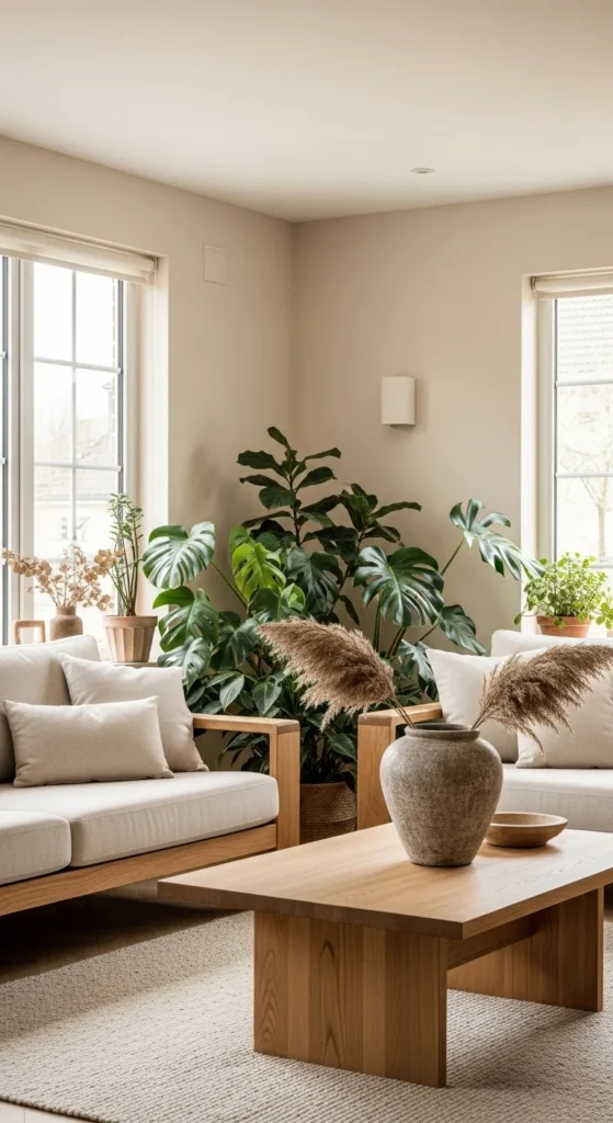 7 Beige Living Room Ideas That Are Calm and Cozy Living room with beige palette and natural wood and plants