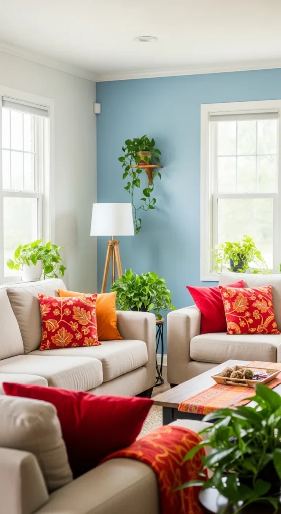 8 Aesthetic Living Room Ideas to Elevate Your Style Living room with blue accent wall and colorful decor