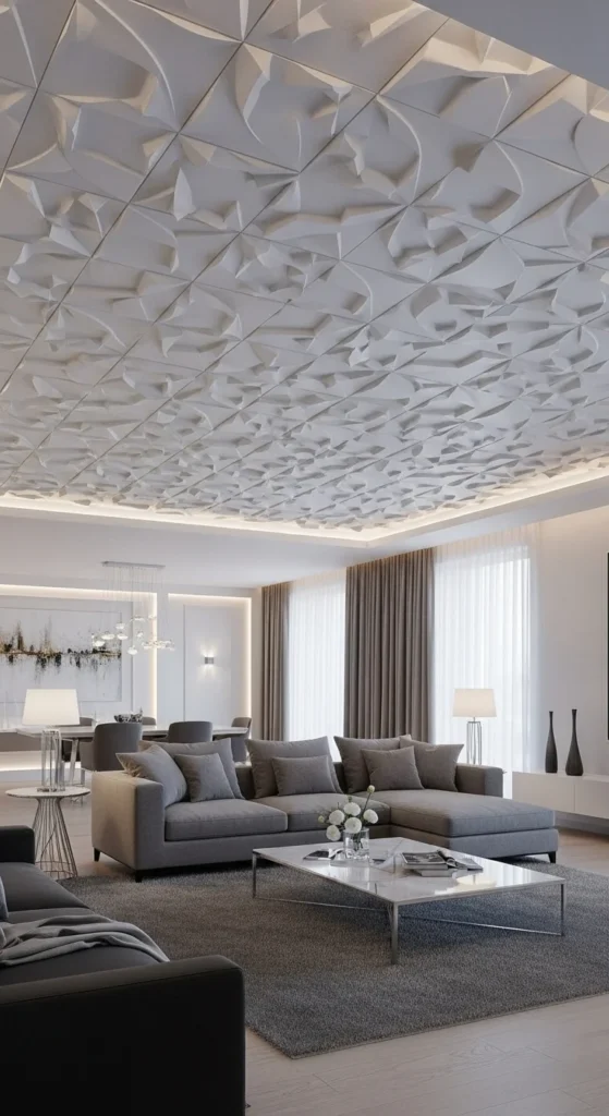 7 Popular Living Room False Ceiling Designs Living room with bold 3D ceiling tile design