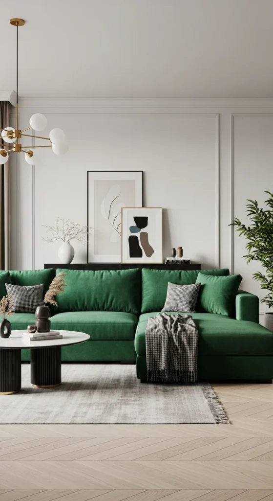 6 Contemporary Living Room Ideas To Modernize Your Home Living room with bold green velvet statement sofa
