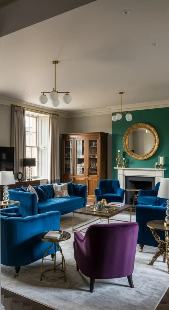7 Beautiful Living Room Paint Ideas Living room with bold jewel-toned walls and glamorous decor elements
