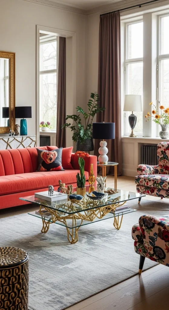 8 Aesthetic Living Room Ideas to Elevate Your Style Living room with bold statement sofa and unique furniture