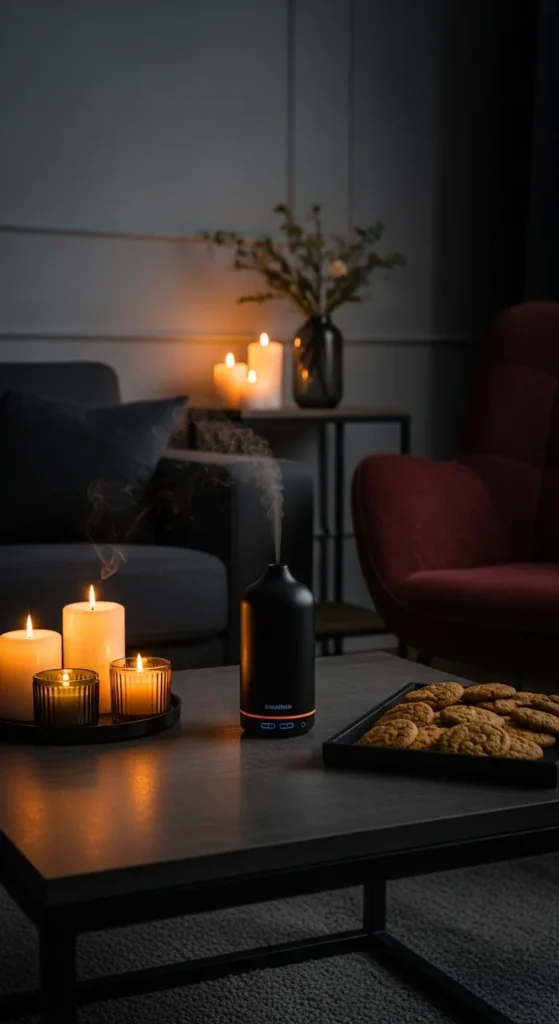 8 Moody Living Rooms That Feel Like a Cozy Retreat Living room with candles, diffuser, and a cozy atmosphere