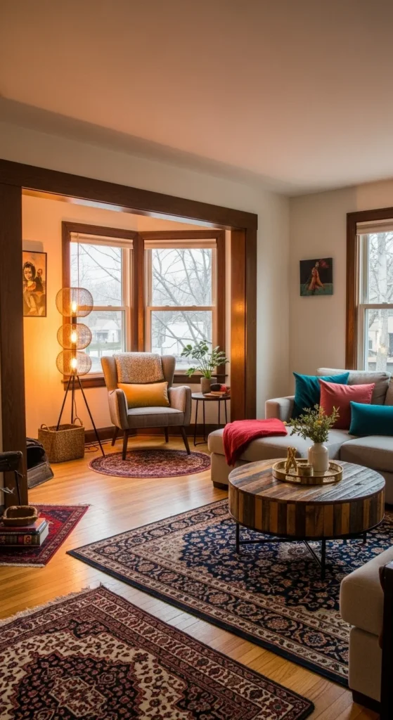 7 Eclectic Living Room Ideas to Elevate Your Home Decor Living room with creative angled furniture layout and reading area
