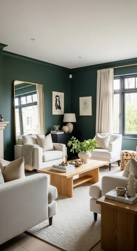 7 Dark Green Living Room Ideas Living room with deep green walls and brass mirror