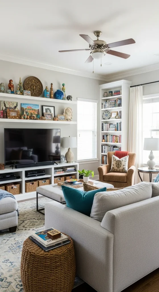 6 Essential Transitional Living Room Design Elements Living room with family photos and personal decor items