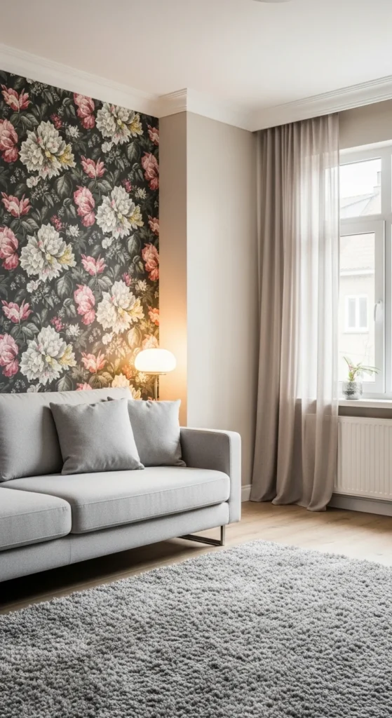 Living room with floral wallpaper accent wall