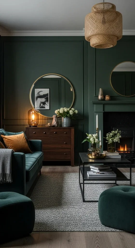 8 Moody Living Rooms That Feel Like a Cozy Retreat Living room with forest green walls and moody decor accents