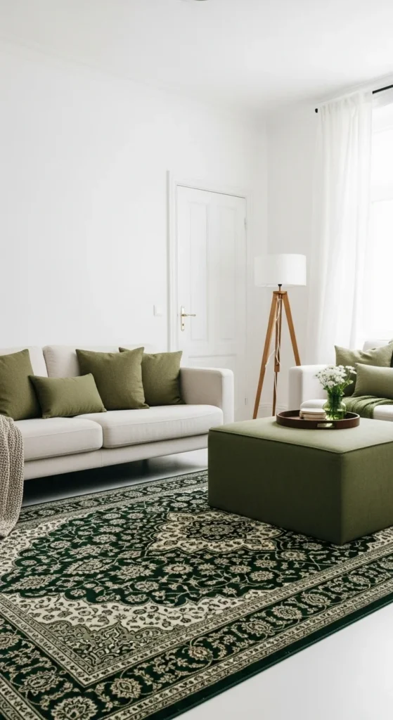 7 Dark Green Living Room Ideas Living room with green rug details and upholstered accents
