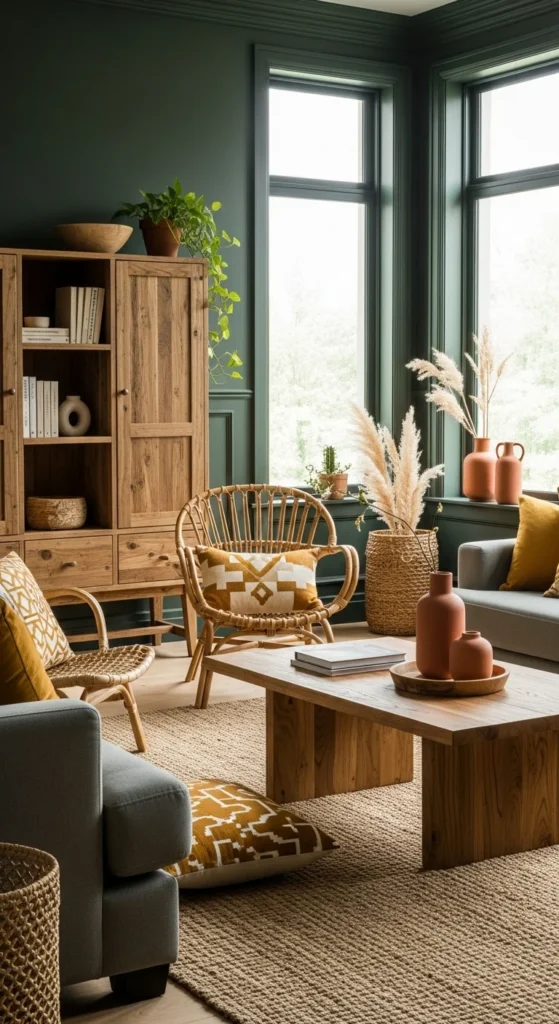 7 Dark Green Living Room Ideas Living room with green walls and natural wood elements