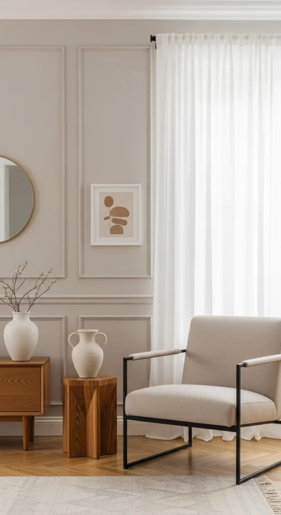 6 Calm & Chic Neutral Living Room Design Ideas Living room with greige walls and minimal beige decor