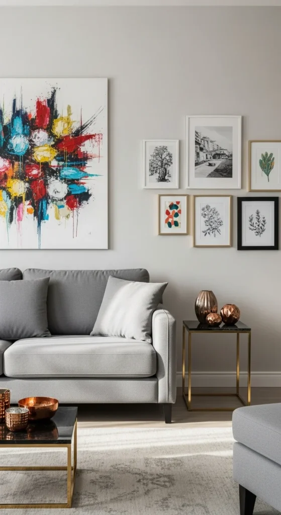 8 Grey Sofa Living Room Ideas to Refresh Your Space Living room with grey sofa and bold statement artwork