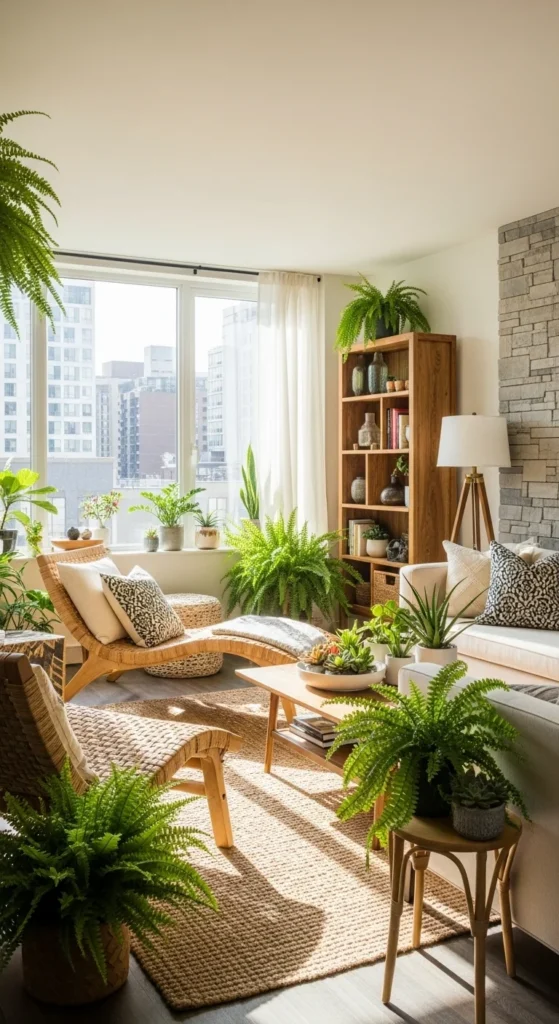 7 Eclectic Living Room Ideas to Elevate Your Home Decor Living room with houseplants and natural wood decor elements