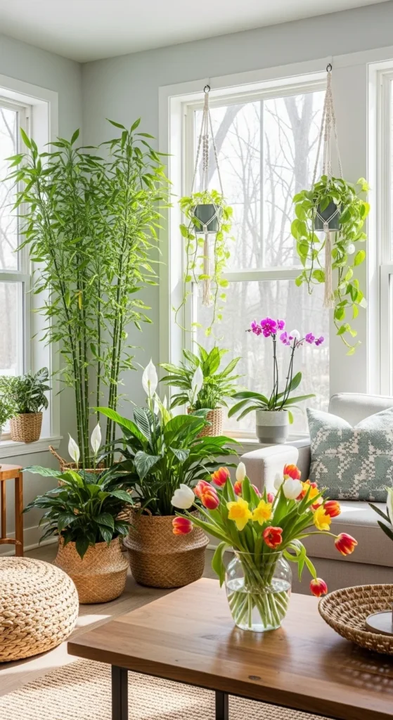 8 Aesthetic Living Room Ideas to Elevate Your Style Living room with indoor plants and fresh floral decor
