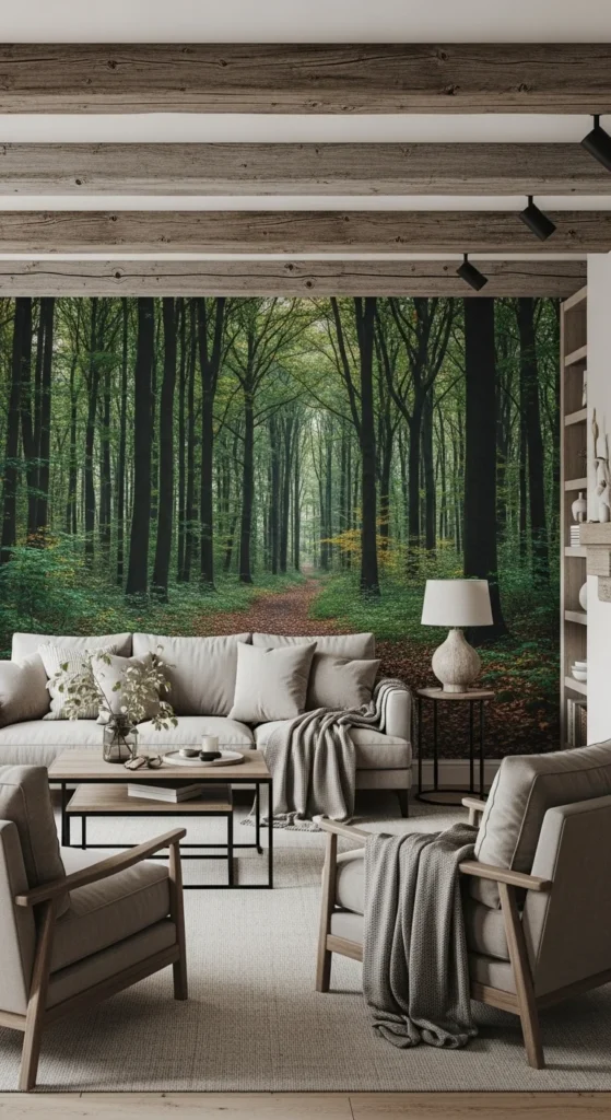 9 Living Room Wall Art Ideas You’ll Love Living room with large forest mural creating a serene backdrop