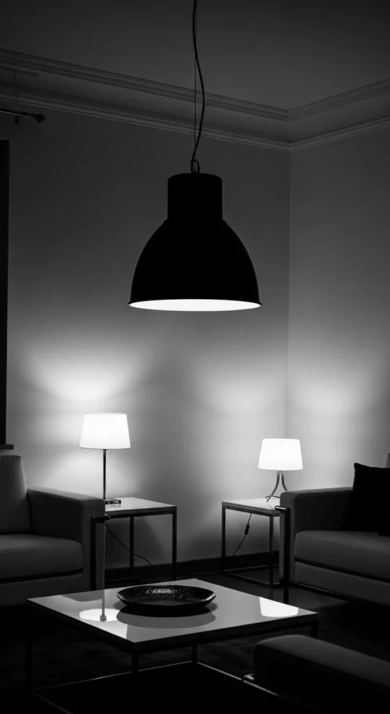 6 Black And White Living Room Ideas You Can’t Go Wrong With Living room with layered lighting in black and white decor