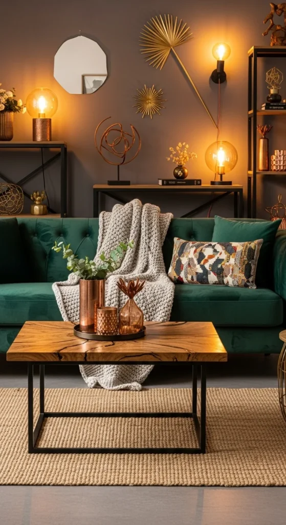 Top 7 Ideas for Living Room Interior Design Living room with layered textures including wood, velvet, and jute
