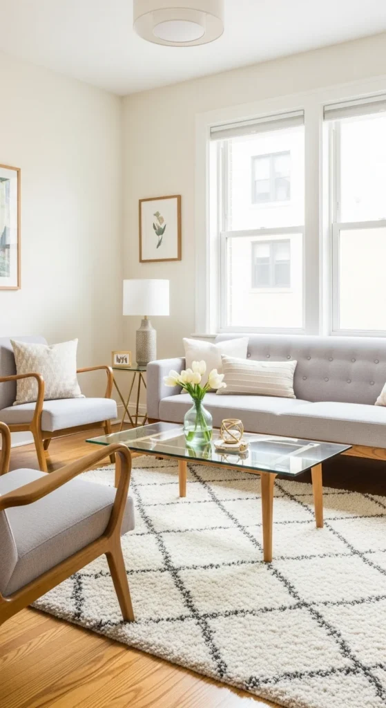 8 Small Apartment Living Room Ideas Living room with leggy furniture and a glass table to open space