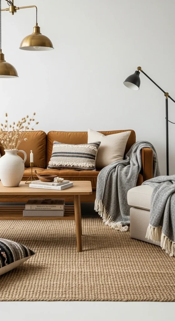 7 Gorgeous Modern Boho Living Room Ideas to Inspire You Living room with mixed textures like jute, wool, and brass accents