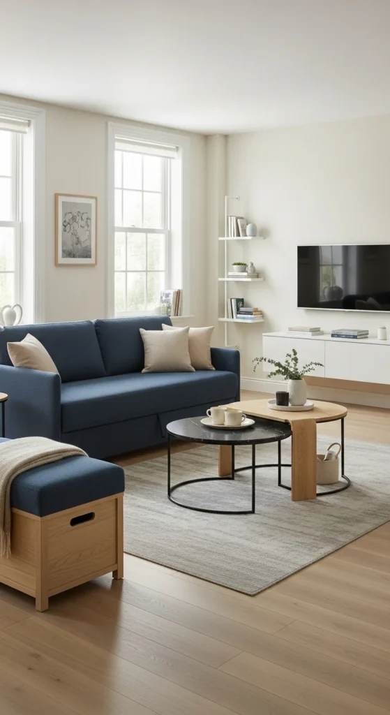 Top 7 Ideas for Living Room Interior Design Living room with layered textures including wood, velvet, and jute